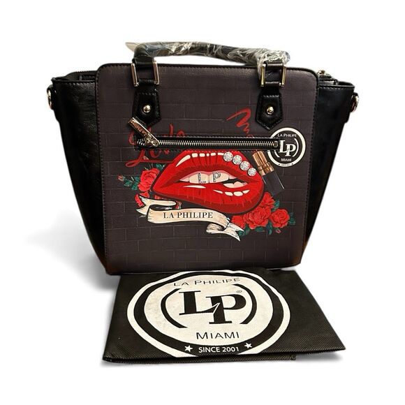 La Philipe Miami Studded Satchel Handbag Black Red Lips Rose Rocker Glam NWT - Picture 2 of 5
